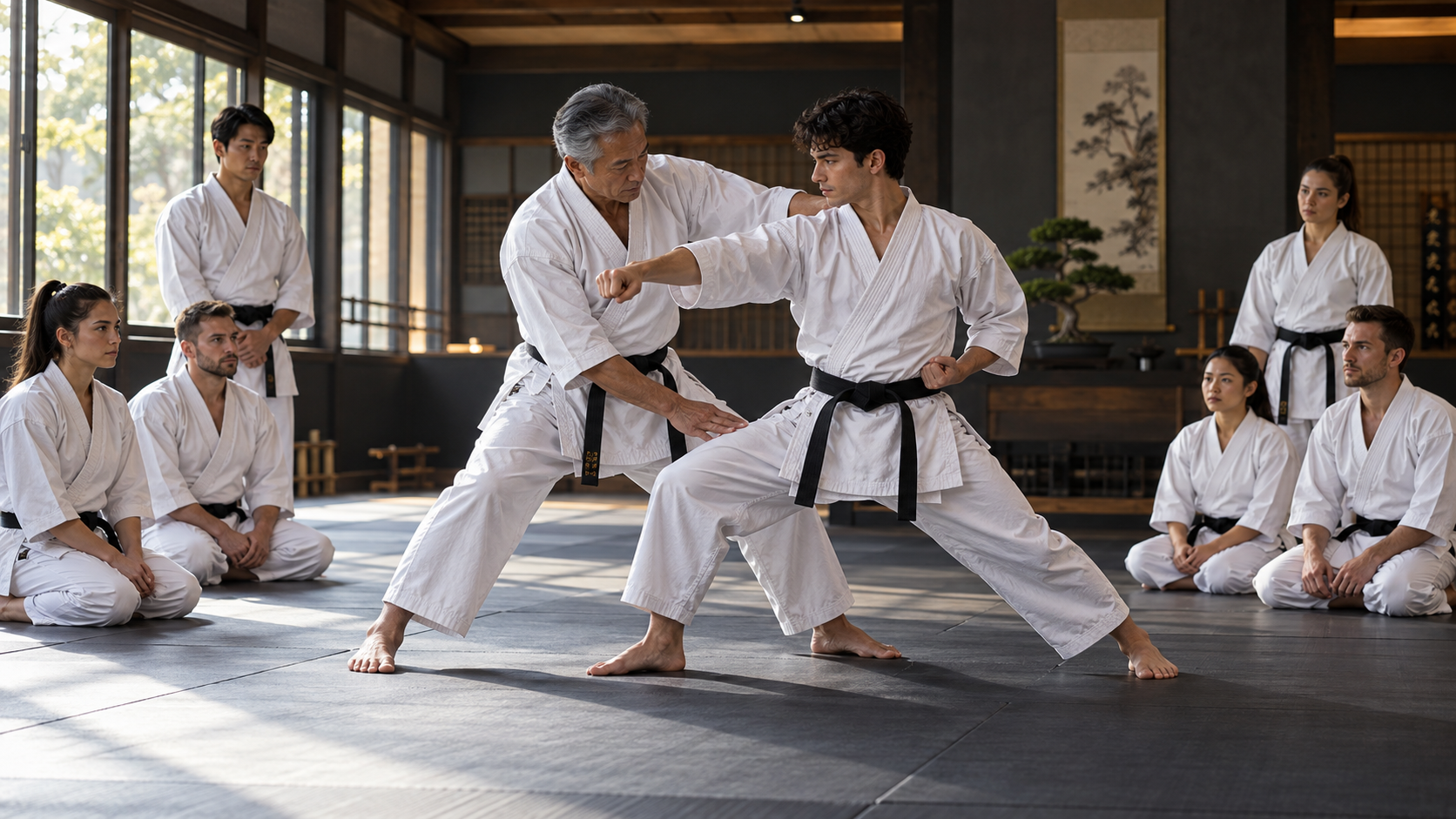 Martial arts master correcting a disciple's stance while other students watch closely